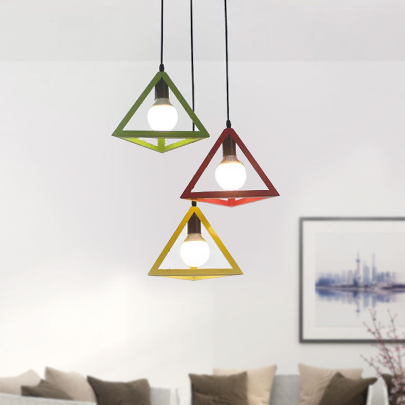 3 Heads Hanging Lamp Retro Industrial Triangle Metallic Pendant Lighting with Wire Guard and Linear/Round Canopy in Black/White Clearhalo 'Ceiling Lights' 'Modern Pendants' 'Modern' 'Pendant Lights' 'Pendants' Lighting' 1418197