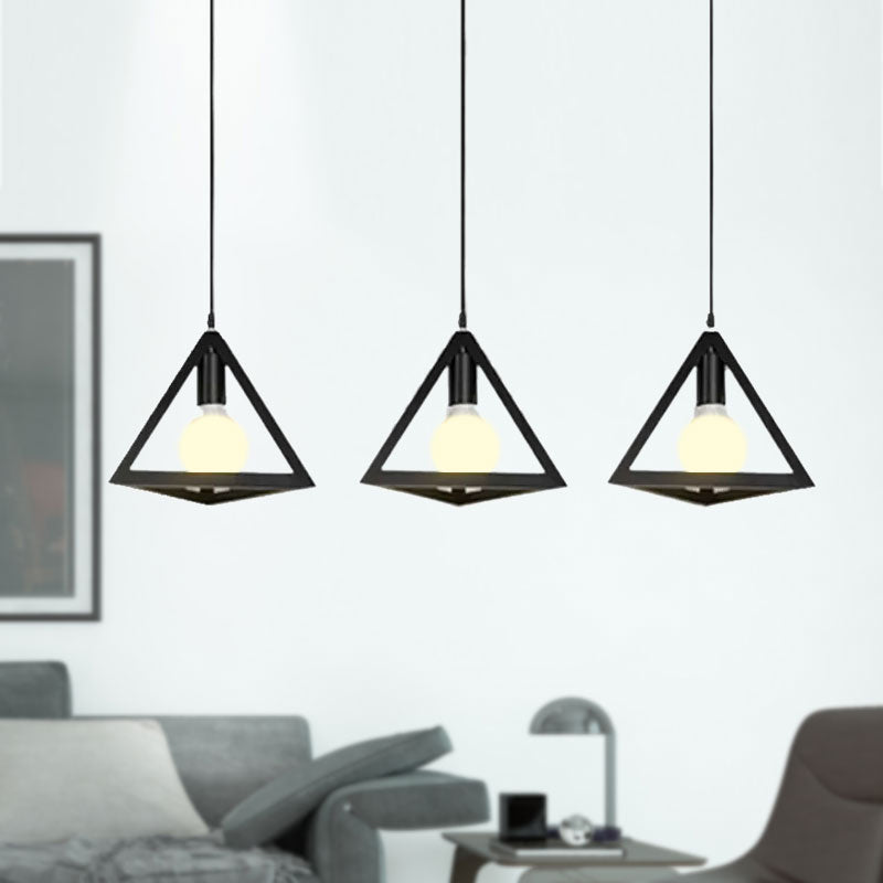 3 Heads Hanging Lamp Retro Industrial Triangle Metallic Pendant Lighting with Wire Guard and Linear/Round Canopy in Black/White Clearhalo 'Ceiling Lights' 'Modern Pendants' 'Modern' 'Pendant Lights' 'Pendants' Lighting' 1418198