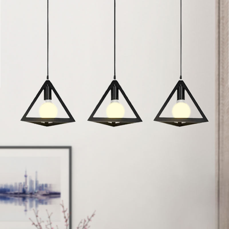 3 Heads Hanging Lamp Retro Industrial Triangle Metallic Pendant Lighting with Wire Guard and Linear/Round Canopy in Black/White Clearhalo 'Ceiling Lights' 'Modern Pendants' 'Modern' 'Pendant Lights' 'Pendants' Lighting' 1418199