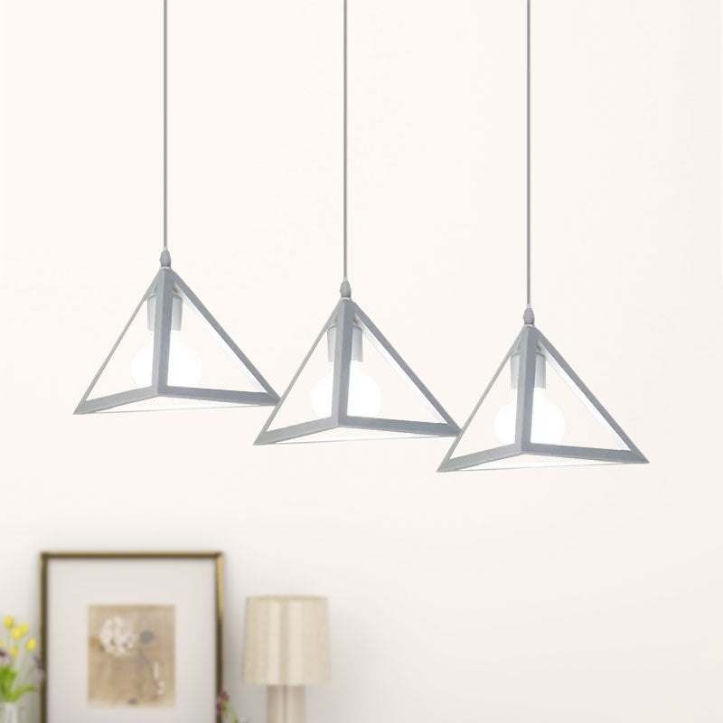 3 Heads Hanging Lamp Retro Industrial Triangle Metallic Pendant Lighting with Wire Guard and Linear/Round Canopy in Black/White Clearhalo 'Ceiling Lights' 'Modern Pendants' 'Modern' 'Pendant Lights' 'Pendants' Lighting' 1418200