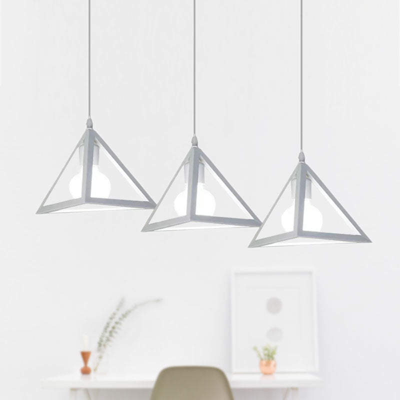 3 Heads Hanging Lamp Retro Industrial Triangle Metallic Pendant Lighting with Wire Guard and Linear/Round Canopy in Black/White Clearhalo 'Ceiling Lights' 'Modern Pendants' 'Modern' 'Pendant Lights' 'Pendants' Lighting' 1418201