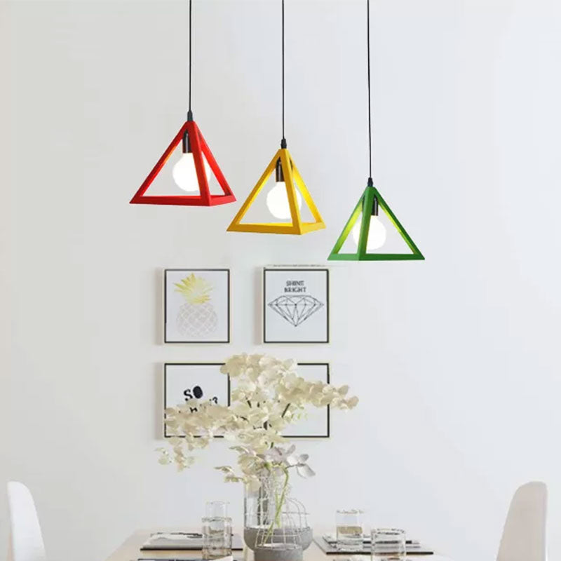 3 Heads Hanging Lamp Retro Industrial Triangle Metallic Pendant Lighting with Wire Guard and Linear/Round Canopy in Black/White Clearhalo 'Ceiling Lights' 'Modern Pendants' 'Modern' 'Pendant Lights' 'Pendants' Lighting' 1418202