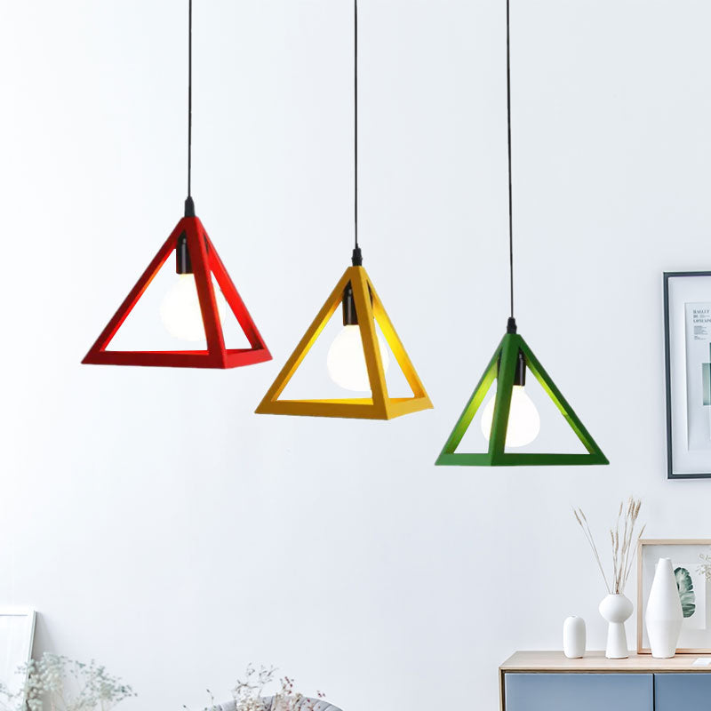 3 Heads Hanging Lamp Retro Industrial Triangle Metallic Pendant Lighting with Wire Guard and Linear/Round Canopy in Black/White Red-Yellow-Green Linear Clearhalo 'Ceiling Lights' 'Modern Pendants' 'Modern' 'Pendant Lights' 'Pendants' Lighting' 1418203