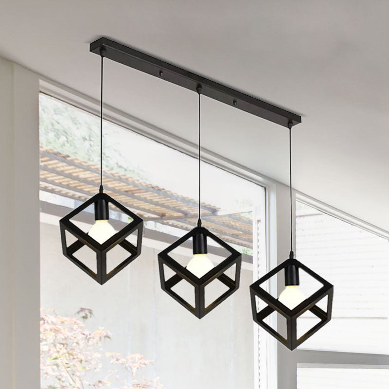 3 Bulbs Metal Pendant Light Industrial Black/White Squared Living Room Ceiling Lamp with Wire Cage Shade Clearhalo 'Ceiling Lights' 'Modern Pendants' 'Modern' 'Pendant Lights' 'Pendants' Lighting' 1418205