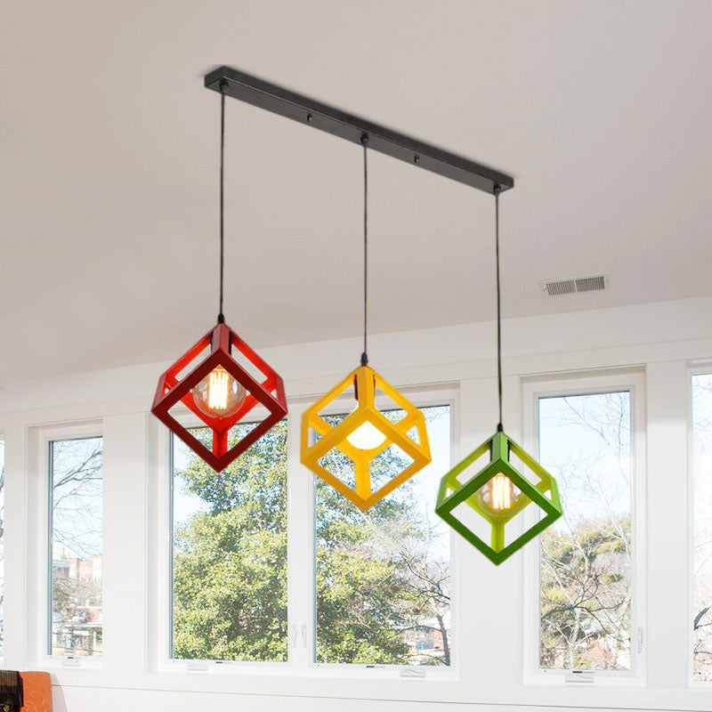 3 Bulbs Metal Pendant Light Industrial Black/White Squared Living Room Ceiling Lamp with Wire Cage Shade Clearhalo 'Ceiling Lights' 'Modern Pendants' 'Modern' 'Pendant Lights' 'Pendants' Lighting' 1418206