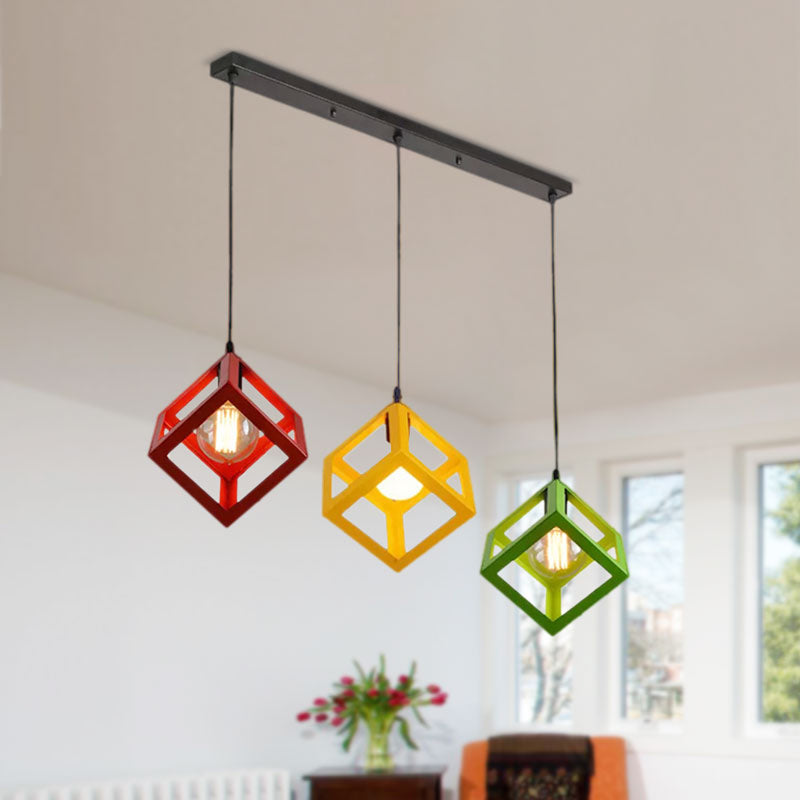 3 Bulbs Metal Pendant Light Industrial Black/White Squared Living Room Ceiling Lamp with Wire Cage Shade Clearhalo 'Ceiling Lights' 'Modern Pendants' 'Modern' 'Pendant Lights' 'Pendants' Lighting' 1418207