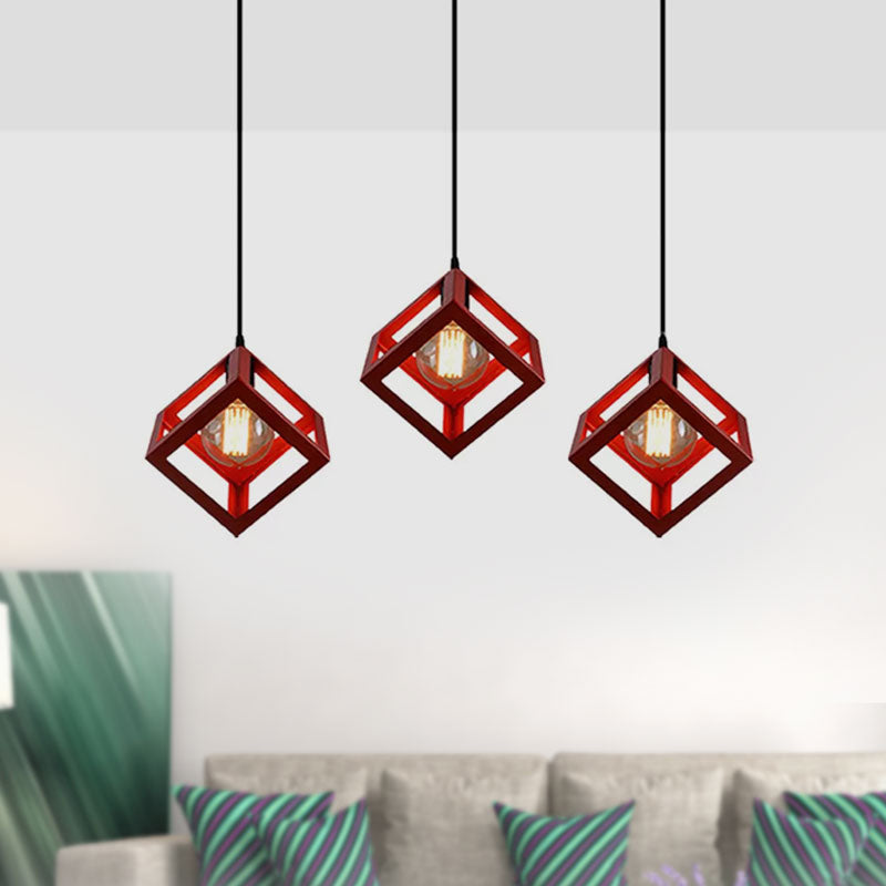 3 Bulbs Metal Pendant Light Industrial Black/White Squared Living Room Ceiling Lamp with Wire Cage Shade Clearhalo 'Ceiling Lights' 'Modern Pendants' 'Modern' 'Pendant Lights' 'Pendants' Lighting' 1418208