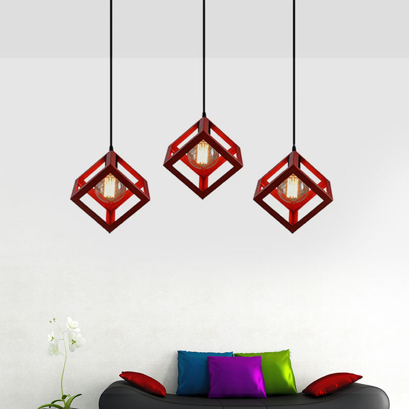 3 Bulbs Metal Pendant Light Industrial Black/White Squared Living Room Ceiling Lamp with Wire Cage Shade Clearhalo 'Ceiling Lights' 'Modern Pendants' 'Modern' 'Pendant Lights' 'Pendants' Lighting' 1418209