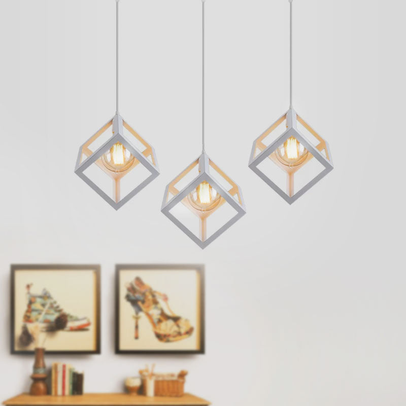 3 Bulbs Metal Pendant Light Industrial Black/White Squared Living Room Ceiling Lamp with Wire Cage Shade Clearhalo 'Ceiling Lights' 'Modern Pendants' 'Modern' 'Pendant Lights' 'Pendants' Lighting' 1418210