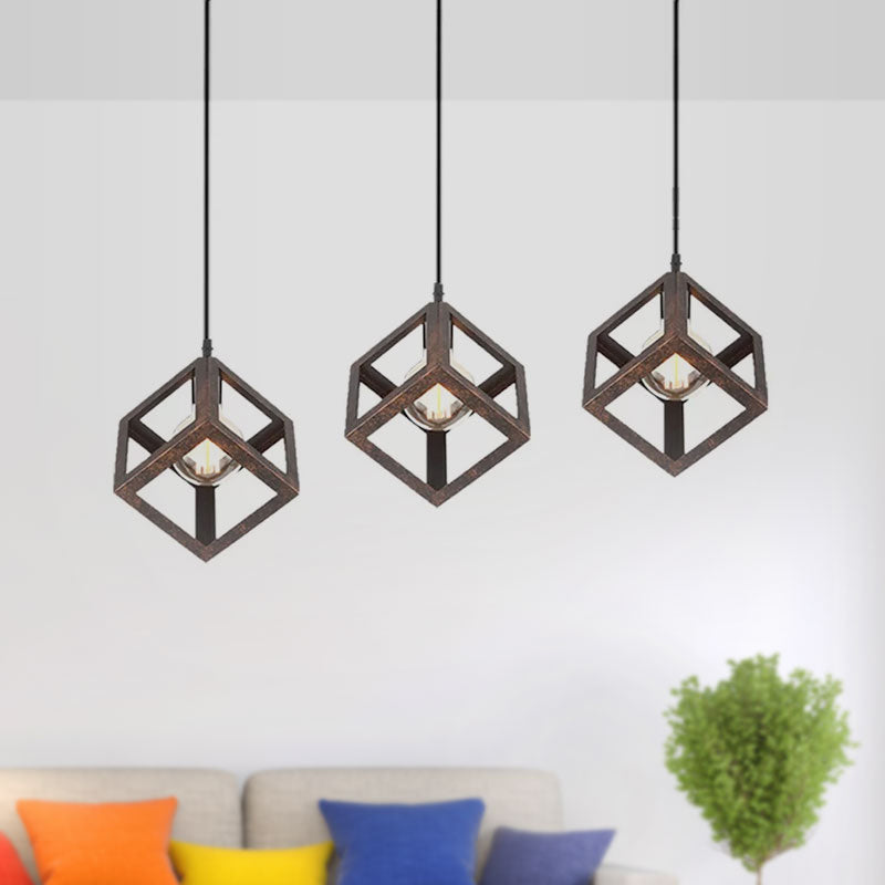 3 Bulbs Metal Pendant Light Industrial Black/White Squared Living Room Ceiling Lamp with Wire Cage Shade Clearhalo 'Ceiling Lights' 'Modern Pendants' 'Modern' 'Pendant Lights' 'Pendants' Lighting' 1418211