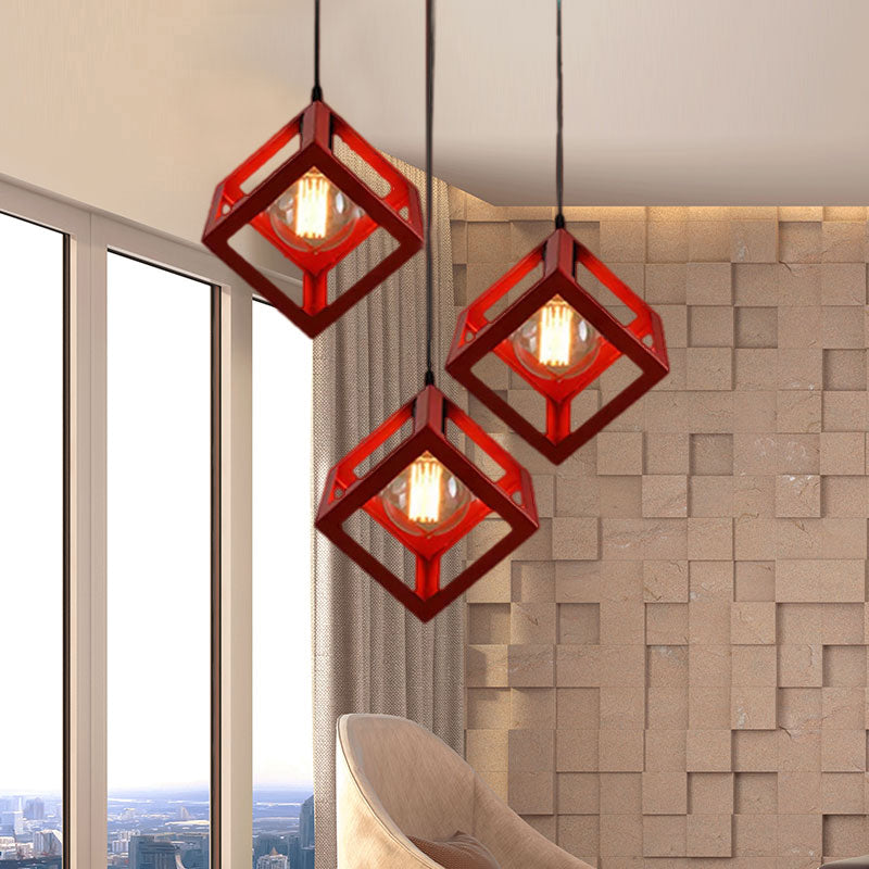 3 Bulbs Metal Pendant Light Industrial Black/White Squared Living Room Ceiling Lamp with Wire Cage Shade Clearhalo 'Ceiling Lights' 'Modern Pendants' 'Modern' 'Pendant Lights' 'Pendants' Lighting' 1418214