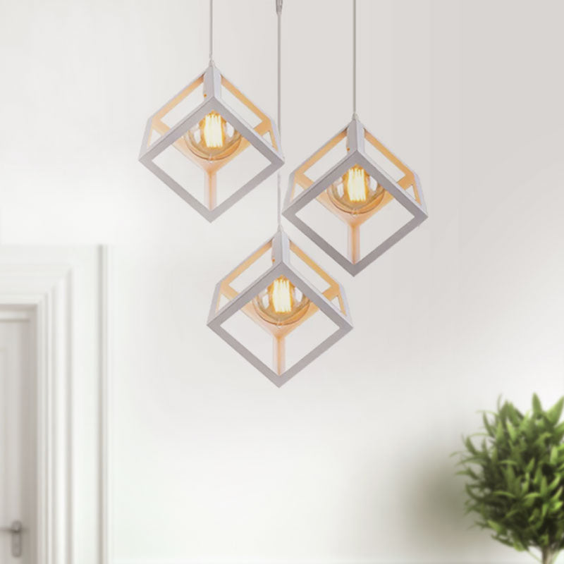 3 Bulbs Metal Pendant Light Industrial Black/White Squared Living Room Ceiling Lamp with Wire Cage Shade Clearhalo 'Ceiling Lights' 'Modern Pendants' 'Modern' 'Pendant Lights' 'Pendants' Lighting' 1418216