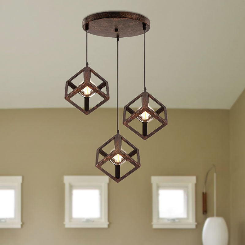 3 Bulbs Metal Pendant Light Industrial Black/White Squared Living Room Ceiling Lamp with Wire Cage Shade Clearhalo 'Ceiling Lights' 'Modern Pendants' 'Modern' 'Pendant Lights' 'Pendants' Lighting' 1418217