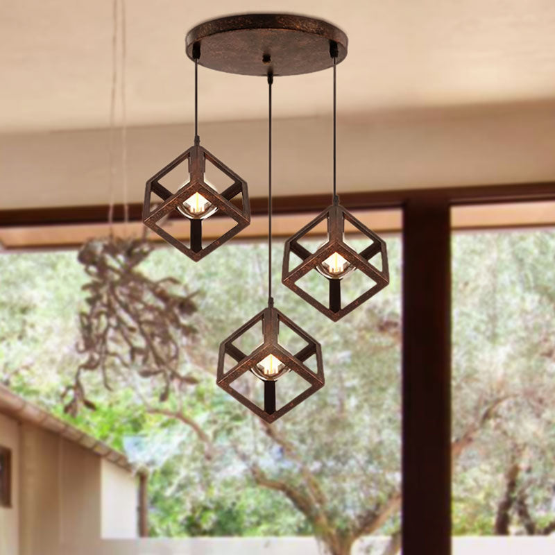 3 Bulbs Metal Pendant Light Industrial Black/White Squared Living Room Ceiling Lamp with Wire Cage Shade Clearhalo 'Ceiling Lights' 'Modern Pendants' 'Modern' 'Pendant Lights' 'Pendants' Lighting' 1418218