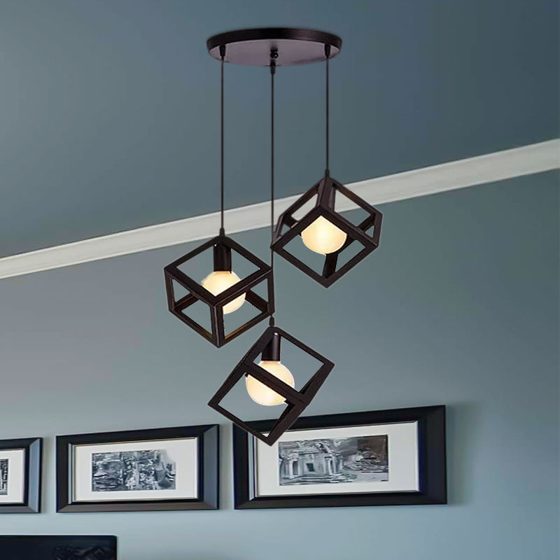 3 Bulbs Metal Pendant Light Industrial Black/White Squared Living Room Ceiling Lamp with Wire Cage Shade Clearhalo 'Ceiling Lights' 'Modern Pendants' 'Modern' 'Pendant Lights' 'Pendants' Lighting' 1418220