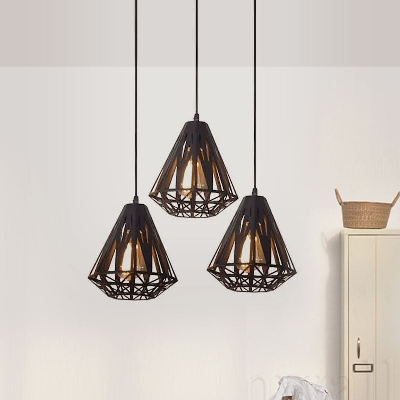 Loft Stylish Wire Cage Suspension Light 3 Heads Metal Ceiling Fixture with Diamond Shade in Black/White Clearhalo 'Ceiling Lights' 'Modern Pendants' 'Modern' 'Pendant Lights' 'Pendants' Lighting' 1418221