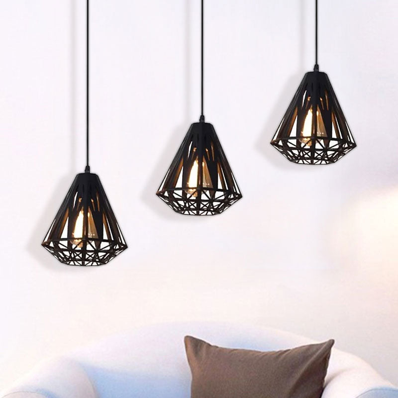 Loft Stylish Wire Cage Suspension Light 3 Heads Metal Ceiling Fixture with Diamond Shade in Black/White Clearhalo 'Ceiling Lights' 'Modern Pendants' 'Modern' 'Pendant Lights' 'Pendants' Lighting' 1418224