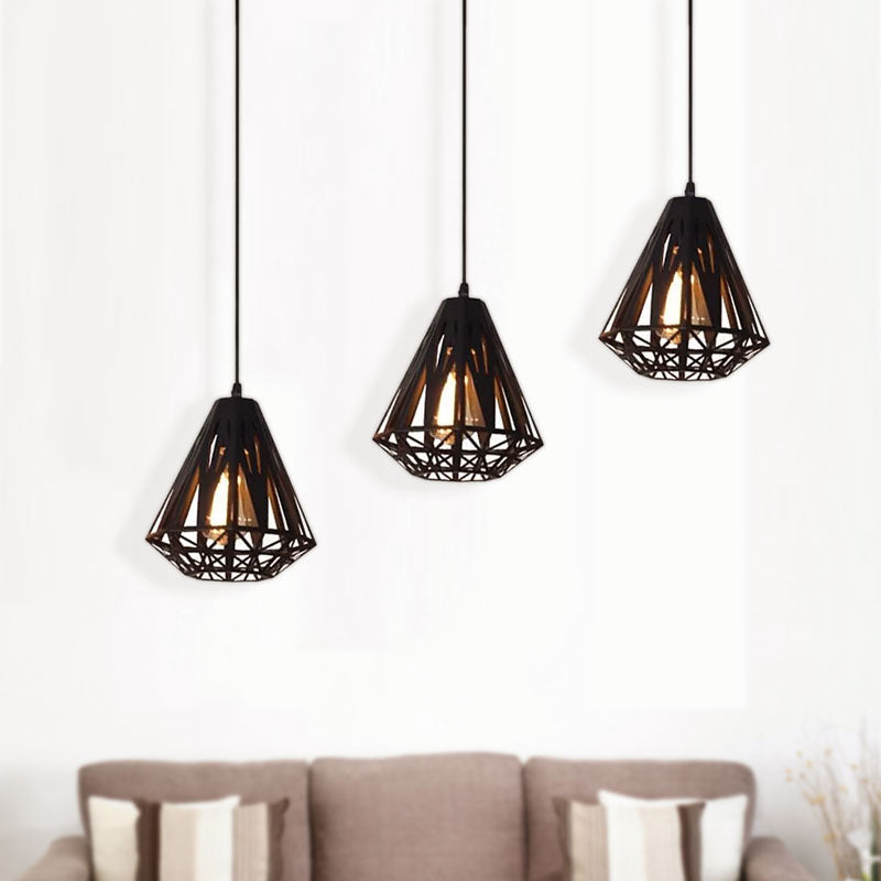 Loft Stylish Wire Cage Suspension Light 3 Heads Metal Ceiling Fixture with Diamond Shade in Black/White Clearhalo 'Ceiling Lights' 'Modern Pendants' 'Modern' 'Pendant Lights' 'Pendants' Lighting' 1418225