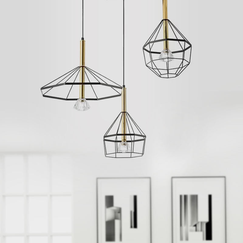 Industrial Wire Cage Ceiling Pendant with Different Shade 3 Lights Metal Hanging Ceiling Light in Black Clearhalo 'Ceiling Lights' 'Pendant Lights' 'Pendants' Lighting' 1418247