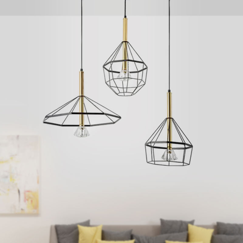 Industrial Wire Cage Ceiling Pendant with Different Shade 3 Lights Metal Hanging Ceiling Light in Black Clearhalo 'Ceiling Lights' 'Pendant Lights' 'Pendants' Lighting' 1418248