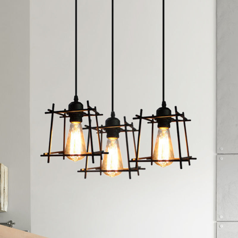 Farmhouse Square Cage Hanging Light 3 Lights Metal Ceiling Pendant in Black/White for Dining Room Black Round Clearhalo 'Ceiling Lights' 'Modern Pendants' 'Modern' 'Pendant Lights' 'Pendants' Lighting' 1418250