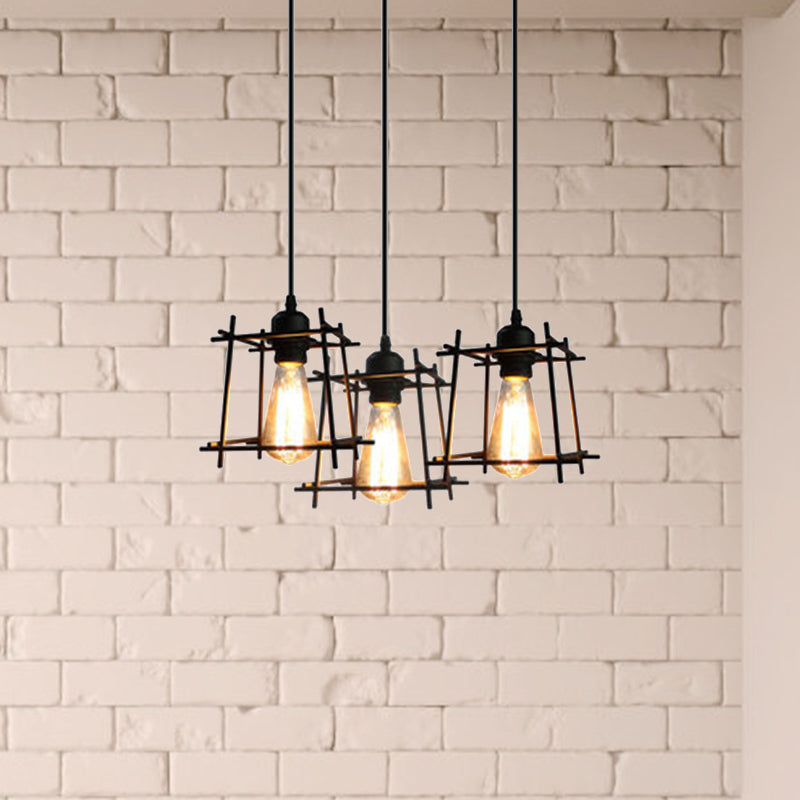 Farmhouse Square Cage Hanging Light 3 Lights Metal Ceiling Pendant in Black/White for Dining Room Clearhalo 'Ceiling Lights' 'Modern Pendants' 'Modern' 'Pendant Lights' 'Pendants' Lighting' 1418251