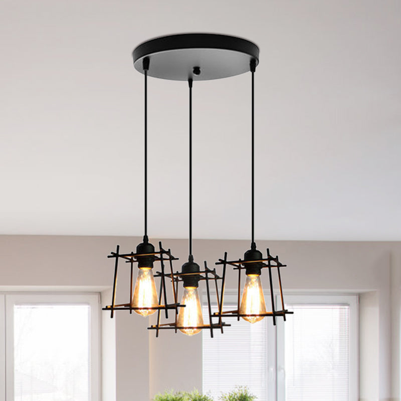 Farmhouse Square Cage Hanging Light 3 Lights Metal Ceiling Pendant in Black/White for Dining Room Clearhalo 'Ceiling Lights' 'Modern Pendants' 'Modern' 'Pendant Lights' 'Pendants' Lighting' 1418252