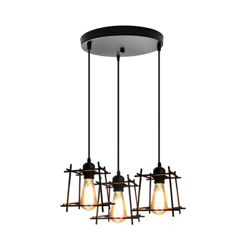 Farmhouse Square Cage Hanging Light 3 Lights Metal Ceiling Pendant in Black/White for Dining Room Clearhalo 'Ceiling Lights' 'Modern Pendants' 'Modern' 'Pendant Lights' 'Pendants' Lighting' 1418253