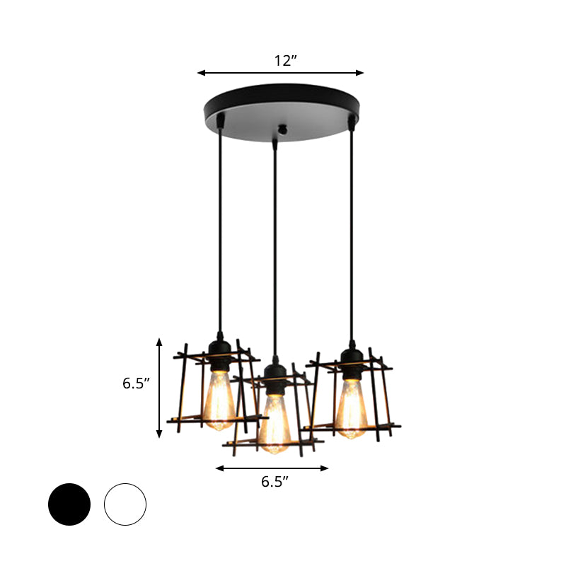 Farmhouse Square Cage Hanging Light 3 Lights Metal Ceiling Pendant in Black/White for Dining Room Clearhalo 'Ceiling Lights' 'Modern Pendants' 'Modern' 'Pendant Lights' 'Pendants' Lighting' 1418254