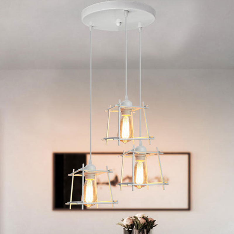 Farmhouse Square Cage Hanging Light 3 Lights Metal Ceiling Pendant in Black/White for Dining Room White Round Clearhalo 'Ceiling Lights' 'Modern Pendants' 'Modern' 'Pendant Lights' 'Pendants' Lighting' 1418255