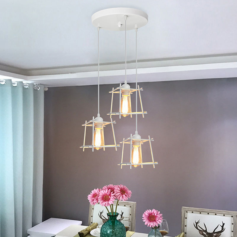 Farmhouse Square Cage Hanging Light 3 Lights Metal Ceiling Pendant in Black/White for Dining Room Clearhalo 'Ceiling Lights' 'Modern Pendants' 'Modern' 'Pendant Lights' 'Pendants' Lighting' 1418256