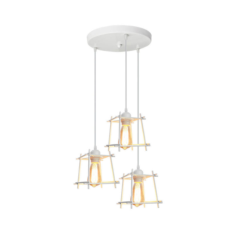 Farmhouse Square Cage Hanging Light 3 Lights Metal Ceiling Pendant in Black/White for Dining Room Clearhalo 'Ceiling Lights' 'Modern Pendants' 'Modern' 'Pendant Lights' 'Pendants' Lighting' 1418257