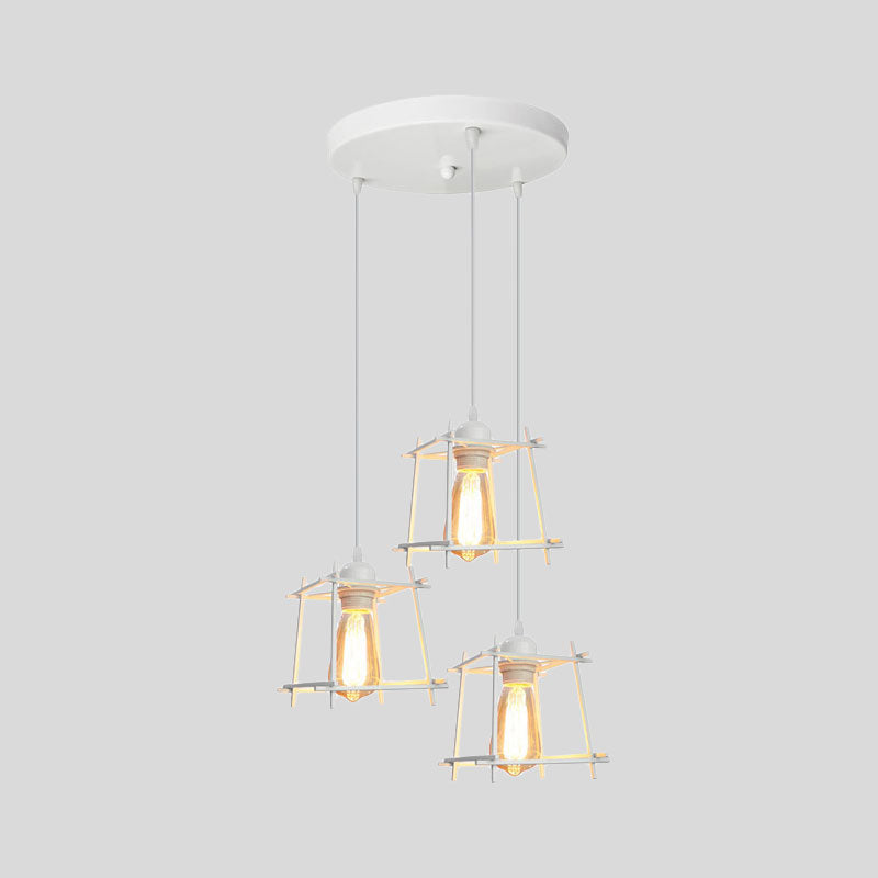 Farmhouse Square Cage Hanging Light 3 Lights Metal Ceiling Pendant in Black/White for Dining Room Clearhalo 'Ceiling Lights' 'Modern Pendants' 'Modern' 'Pendant Lights' 'Pendants' Lighting' 1418258