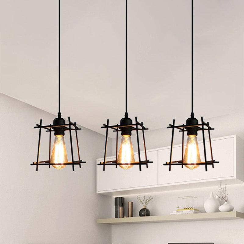 Farmhouse Square Cage Hanging Light 3 Lights Metal Ceiling Pendant in Black/White for Dining Room Black Linear Clearhalo 'Ceiling Lights' 'Modern Pendants' 'Modern' 'Pendant Lights' 'Pendants' Lighting' 1418259