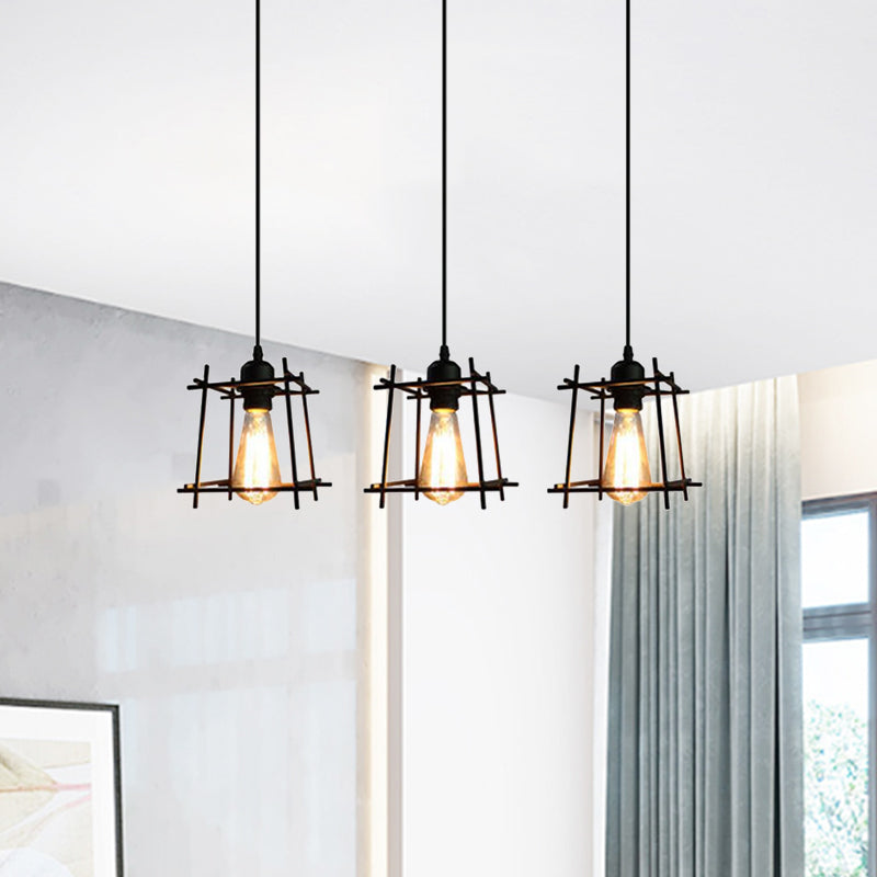 Farmhouse Square Cage Hanging Light 3 Lights Metal Ceiling Pendant in Black/White for Dining Room Clearhalo 'Ceiling Lights' 'Modern Pendants' 'Modern' 'Pendant Lights' 'Pendants' Lighting' 1418260