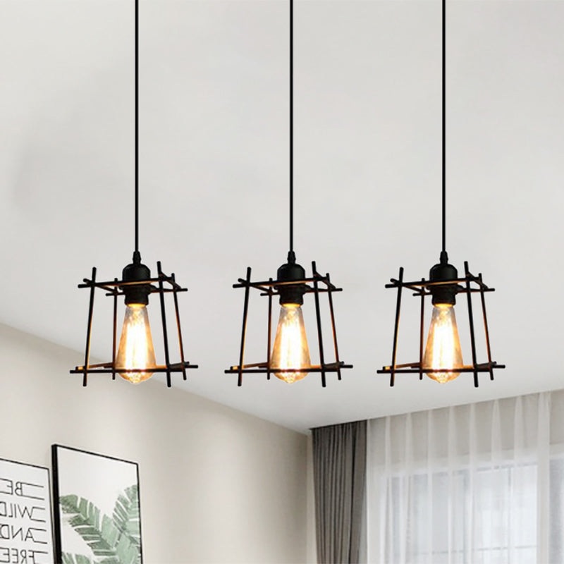 Farmhouse Square Cage Hanging Light 3 Lights Metal Ceiling Pendant in Black/White for Dining Room Clearhalo 'Ceiling Lights' 'Modern Pendants' 'Modern' 'Pendant Lights' 'Pendants' Lighting' 1418261