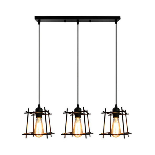 Farmhouse Square Cage Hanging Light 3 Lights Metal Ceiling Pendant in Black/White for Dining Room Clearhalo 'Ceiling Lights' 'Modern Pendants' 'Modern' 'Pendant Lights' 'Pendants' Lighting' 1418262