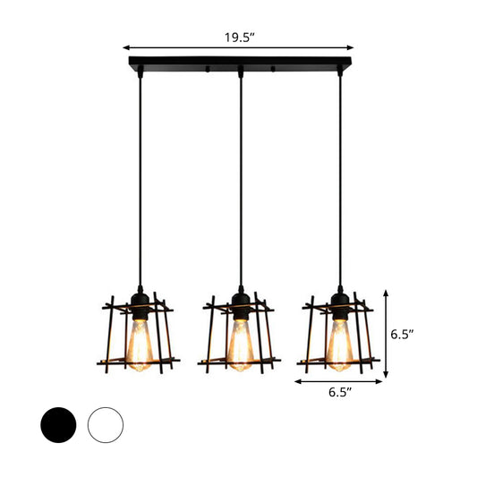 Farmhouse Square Cage Hanging Light 3 Lights Metal Ceiling Pendant in Black/White for Dining Room Clearhalo 'Ceiling Lights' 'Modern Pendants' 'Modern' 'Pendant Lights' 'Pendants' Lighting' 1418263