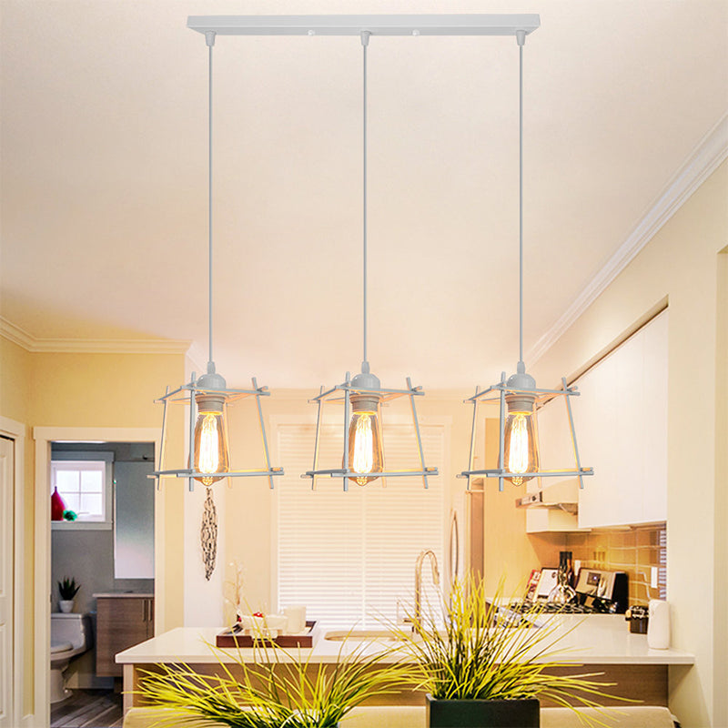 Farmhouse Square Cage Hanging Light 3 Lights Metal Ceiling Pendant in Black/White for Dining Room White Linear Clearhalo 'Ceiling Lights' 'Modern Pendants' 'Modern' 'Pendant Lights' 'Pendants' Lighting' 1418264