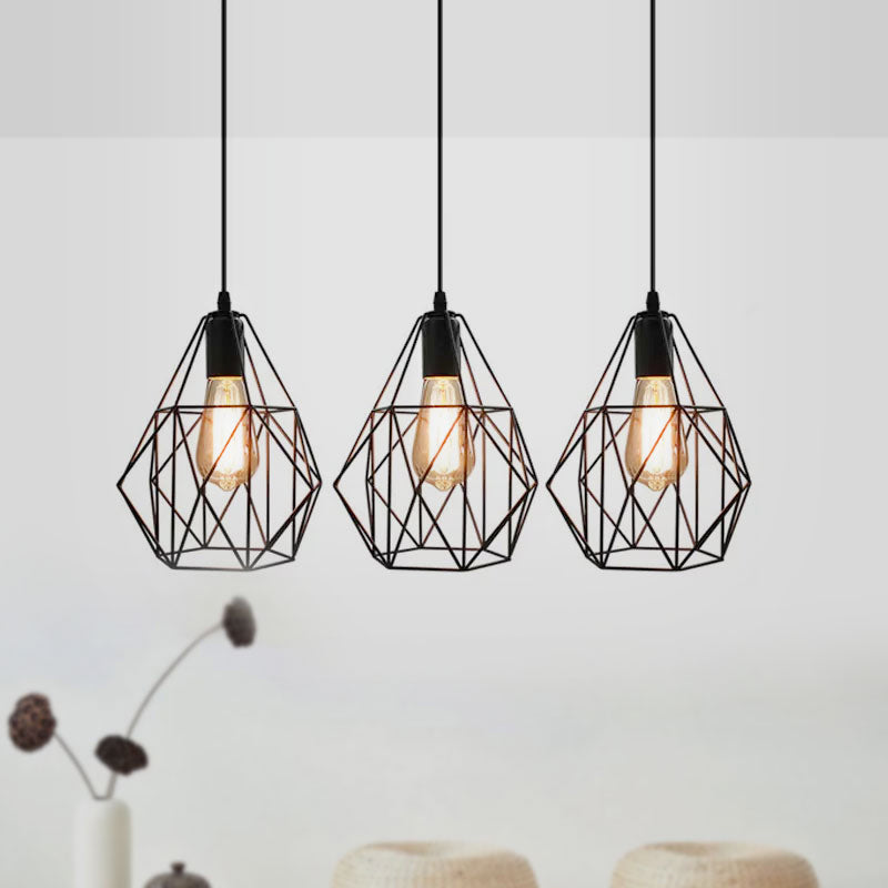 Vintage Style Faceted Cage Ceiling Fixture 3 Bulbs Metal Pendant Lighting with Linear/Round Canopy in Black for Dining Table Clearhalo 'Ceiling Lights' 'Pendant Lights' 'Pendants' Lighting' 1418268