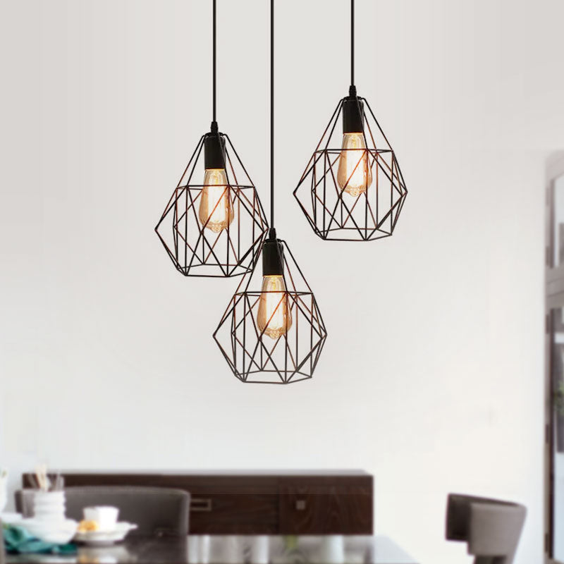 Vintage Style Faceted Cage Ceiling Fixture 3 Bulbs Metal Pendant Lighting with Linear/Round Canopy in Black for Dining Table Clearhalo 'Ceiling Lights' 'Pendant Lights' 'Pendants' Lighting' 1418270