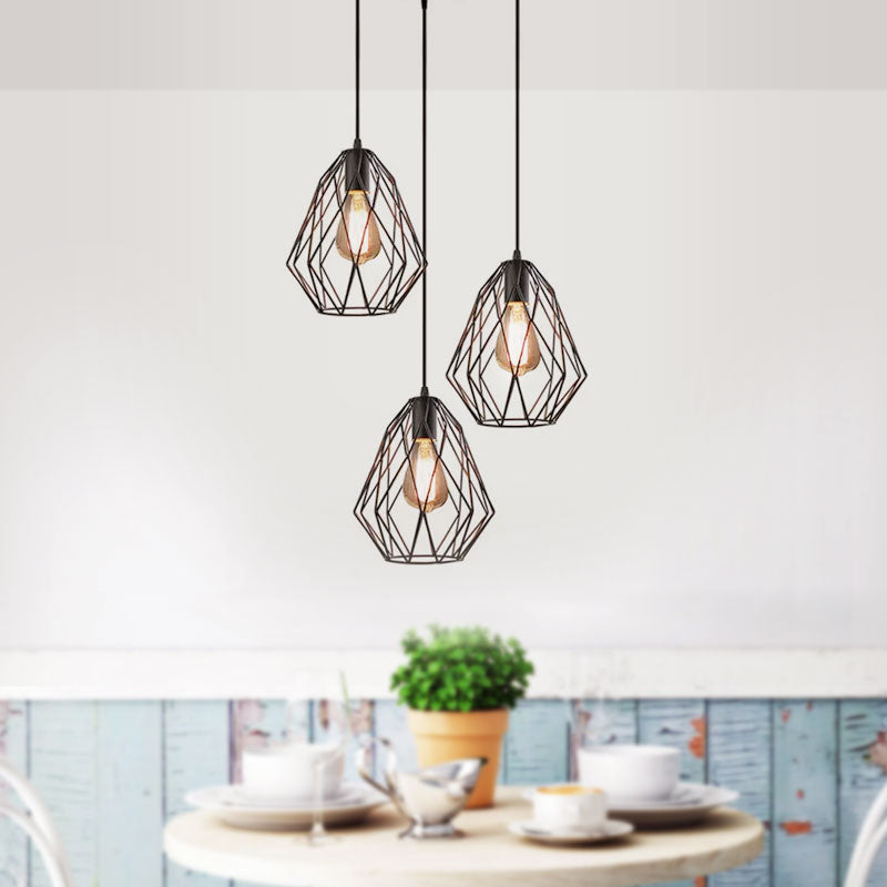 Vintage Style Faceted Cage Ceiling Fixture 3 Bulbs Metal Pendant Lighting with Linear/Round Canopy in Black for Dining Table Clearhalo 'Ceiling Lights' 'Pendant Lights' 'Pendants' Lighting' 1418272