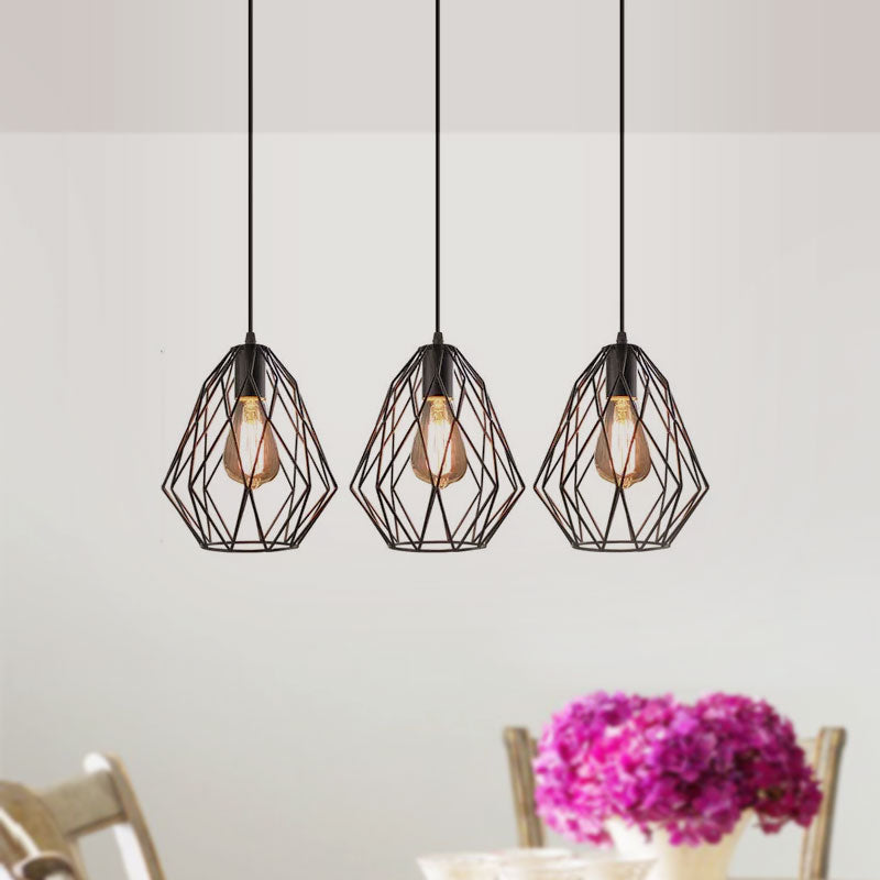 Vintage Style Faceted Cage Ceiling Fixture 3 Bulbs Metal Pendant Lighting with Linear/Round Canopy in Black for Dining Table Clearhalo 'Ceiling Lights' 'Pendant Lights' 'Pendants' Lighting' 1418273