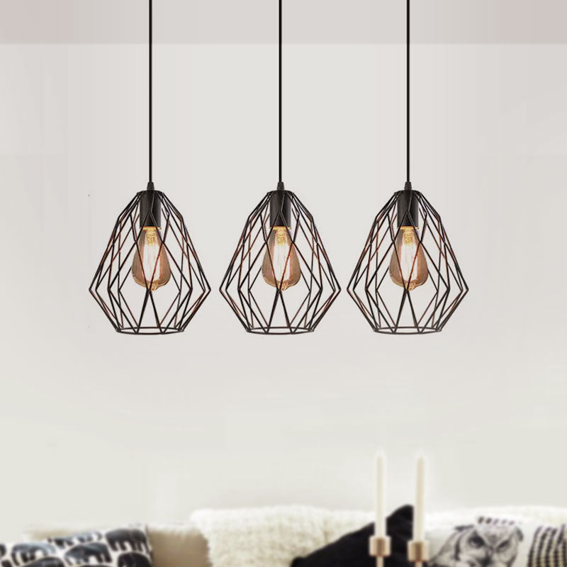 Vintage Style Faceted Cage Ceiling Fixture 3 Bulbs Metal Pendant Lighting with Linear/Round Canopy in Black for Dining Table Clearhalo 'Ceiling Lights' 'Pendant Lights' 'Pendants' Lighting' 1418274