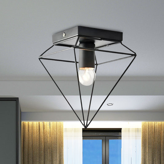 1 Light Cage Diamond Flush Mount Ceiling Light Loft Stylish Black/White Metallic Ceiling Lamp for Study Room Clearhalo 'Ceiling Lights' 'Close To Ceiling Lights' 'Close to ceiling' 'Flush mount' 'Industrial Flush Mount' Lighting' 1418275