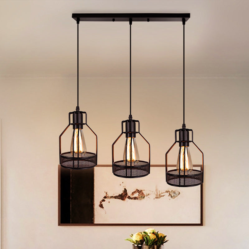 Metallic Black Ceiling Pendant Light Wire Cage 3 Heads Industrial Style Suspension Lighting for Foyer Clearhalo 'Ceiling Lights' 'Pendant Lights' 'Pendants' Lighting' 1418278