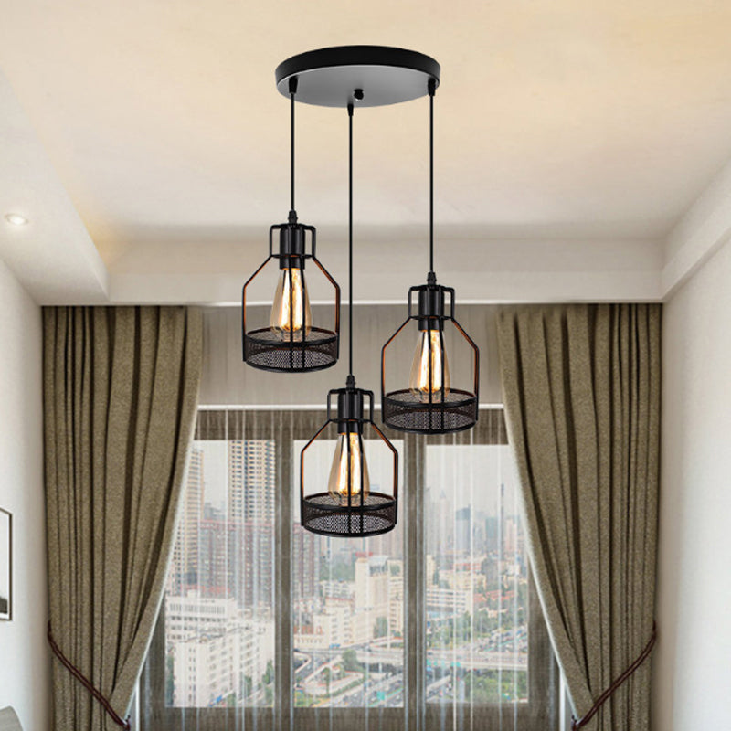 Metallic Black Ceiling Pendant Light Wire Cage 3 Heads Industrial Style Suspension Lighting for Foyer Clearhalo 'Ceiling Lights' 'Pendant Lights' 'Pendants' Lighting' 1418279