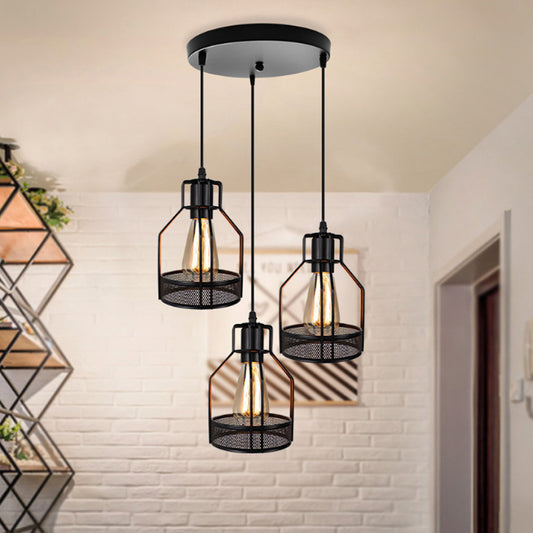 Metallic Black Ceiling Pendant Light Wire Cage 3 Heads Industrial Style Suspension Lighting for Foyer Clearhalo 'Ceiling Lights' 'Pendant Lights' 'Pendants' Lighting' 1418280