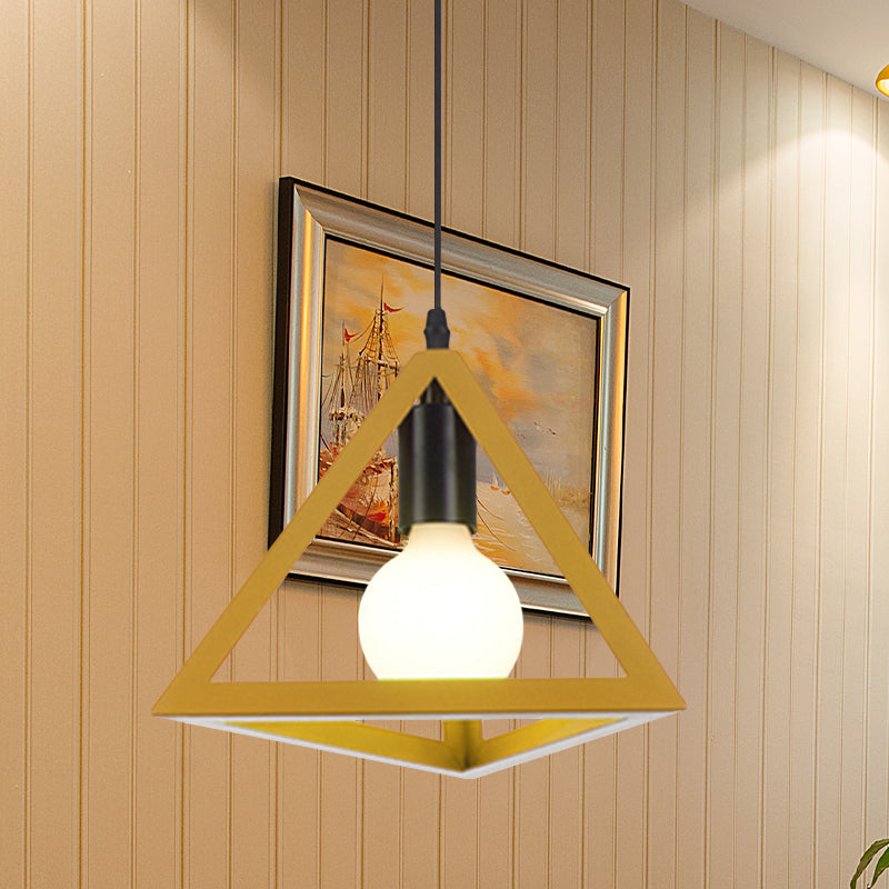 1 Light Metal Hanging Lamp Retro Stylish Red/Blue Triangle Cage Shade Pendant Lighting Fixture for Living Room Yellow Clearhalo 'Ceiling Lights' 'Modern Pendants' 'Modern' 'Pendant Lights' 'Pendants' Lighting' 1418297