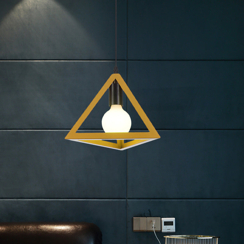 1 Light Metal Hanging Lamp Retro Stylish Red/Blue Triangle Cage Shade Pendant Lighting Fixture for Living Room Clearhalo 'Ceiling Lights' 'Modern Pendants' 'Modern' 'Pendant Lights' 'Pendants' Lighting' 1418298